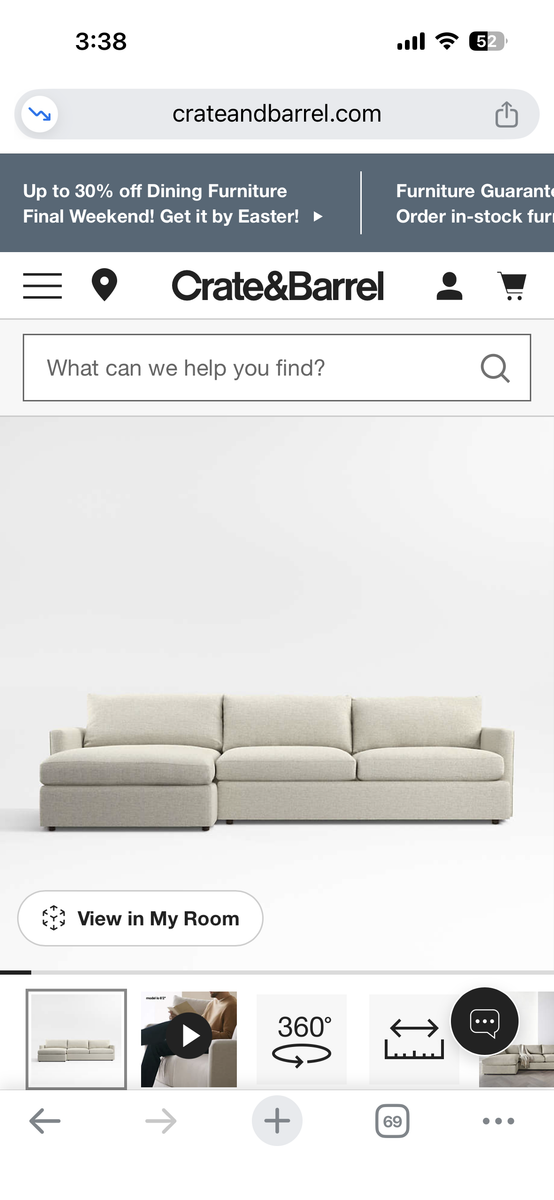 Crate & Barrel Lounge Deep 2-piece section sofa with Chaise