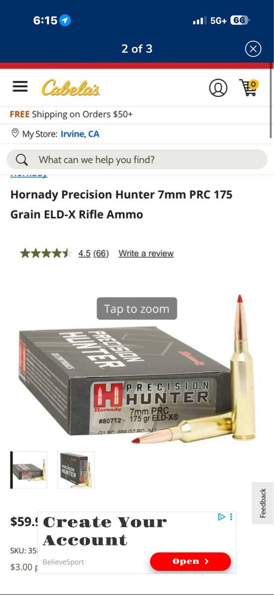 Hornady 7mm PRC 154 Grain SST American Whitetail Tipped Rifle Ammo 20-Round Box