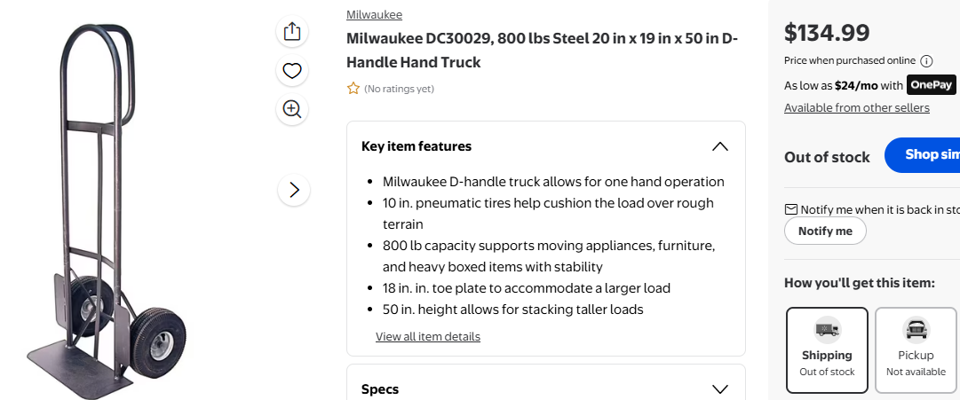 New Milwaukee 50 in. 800 Pound Capacity D Handle Hand Truck Dolly - 10" Pneumatics Wheels