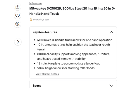 New Milwaukee 50 in. 800 Pound Capacity D Handle Hand Truck Dolly - 10" Pneumatics Wheels
