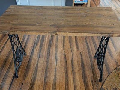 Rustic Industrial Table with Vintage Singer Sewing Machine Base - Solid Wood Top, Cast Iron Legs
