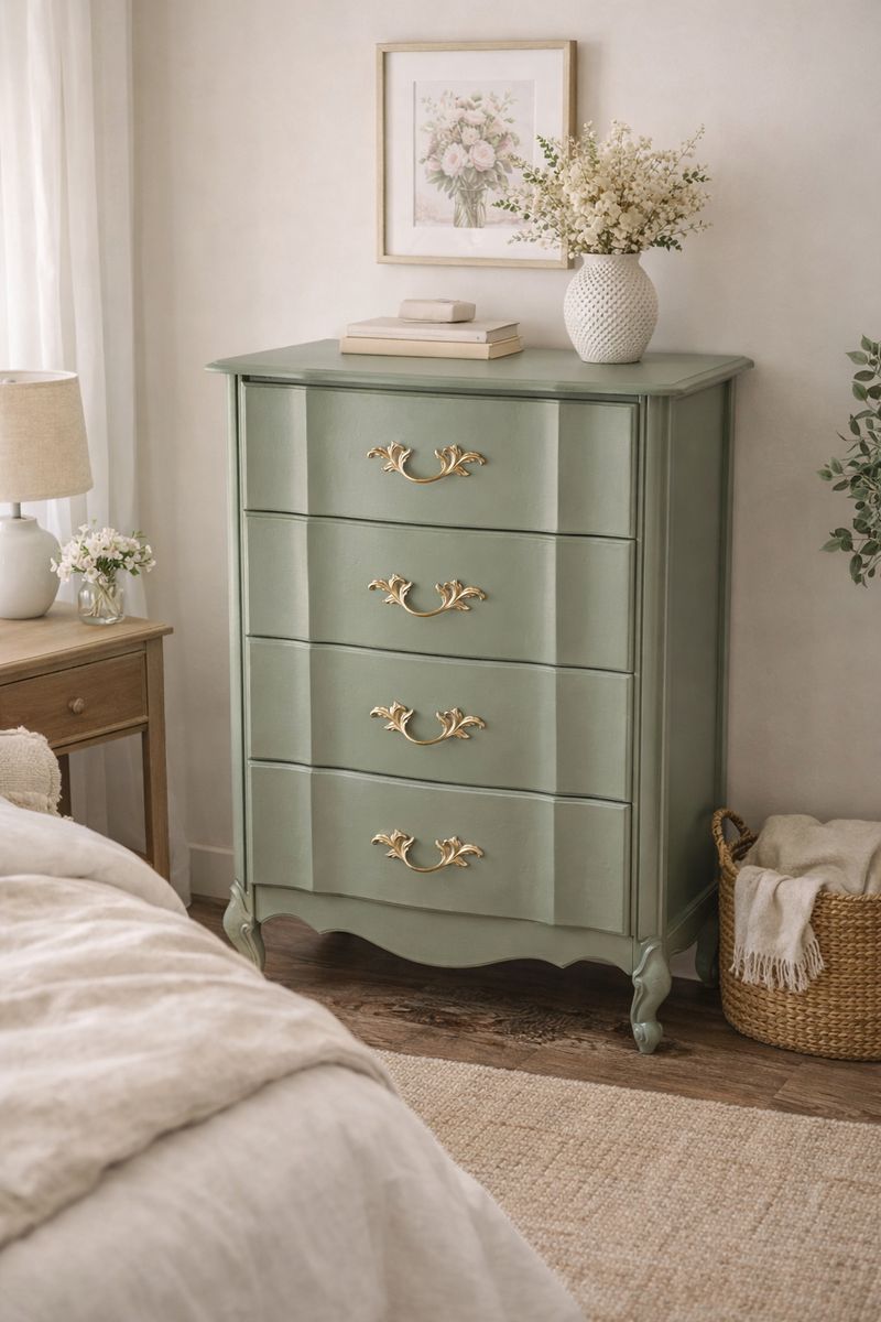 Vintage Sage Green Dresser with Gold Hardware
