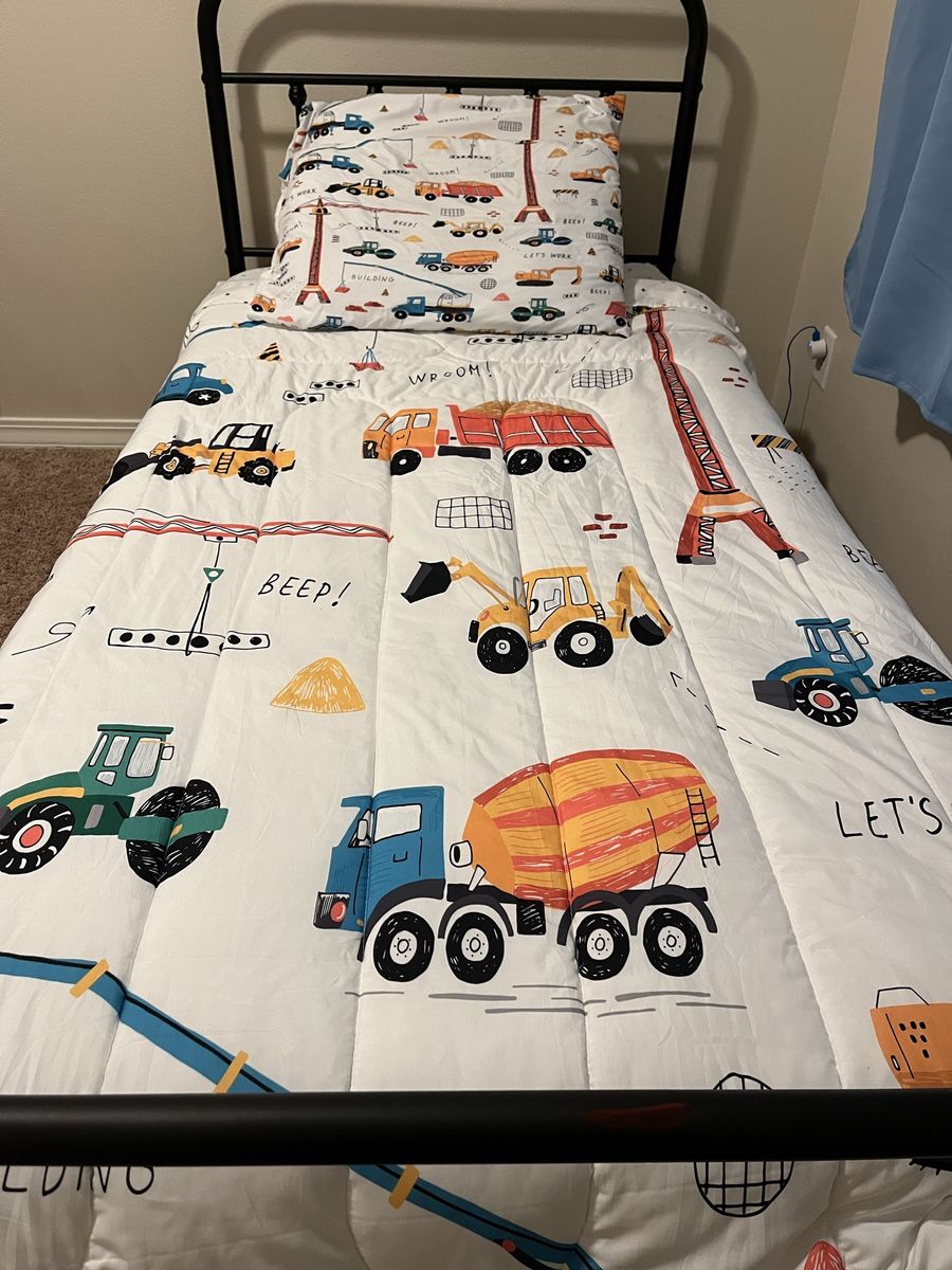 Twin Bed full set up, Frame, bedding, bunkie bored, mattress.