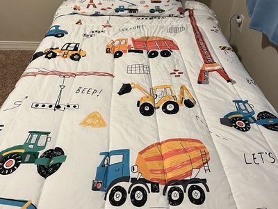 Twin Bed full set up, Frame, bedding, bunkie bored, mattress.