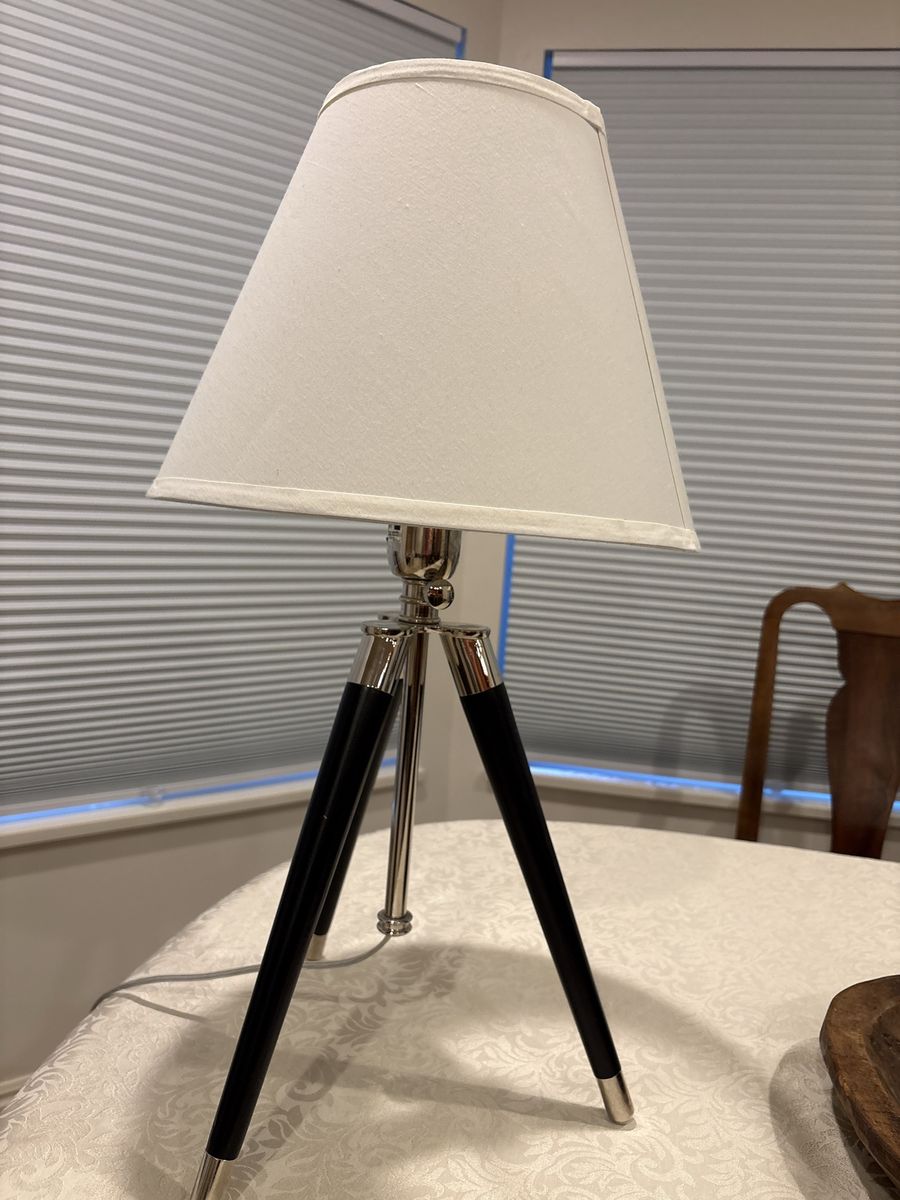 Tripod Table Lamp with White Shade and Black/Silver Legs