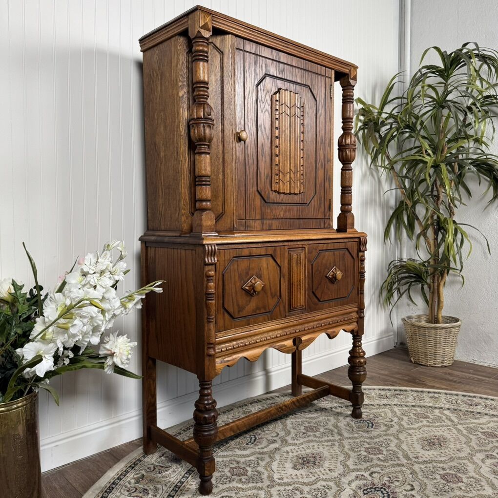 Antique 1920s Jacobean Art Deco Oak Cabinet