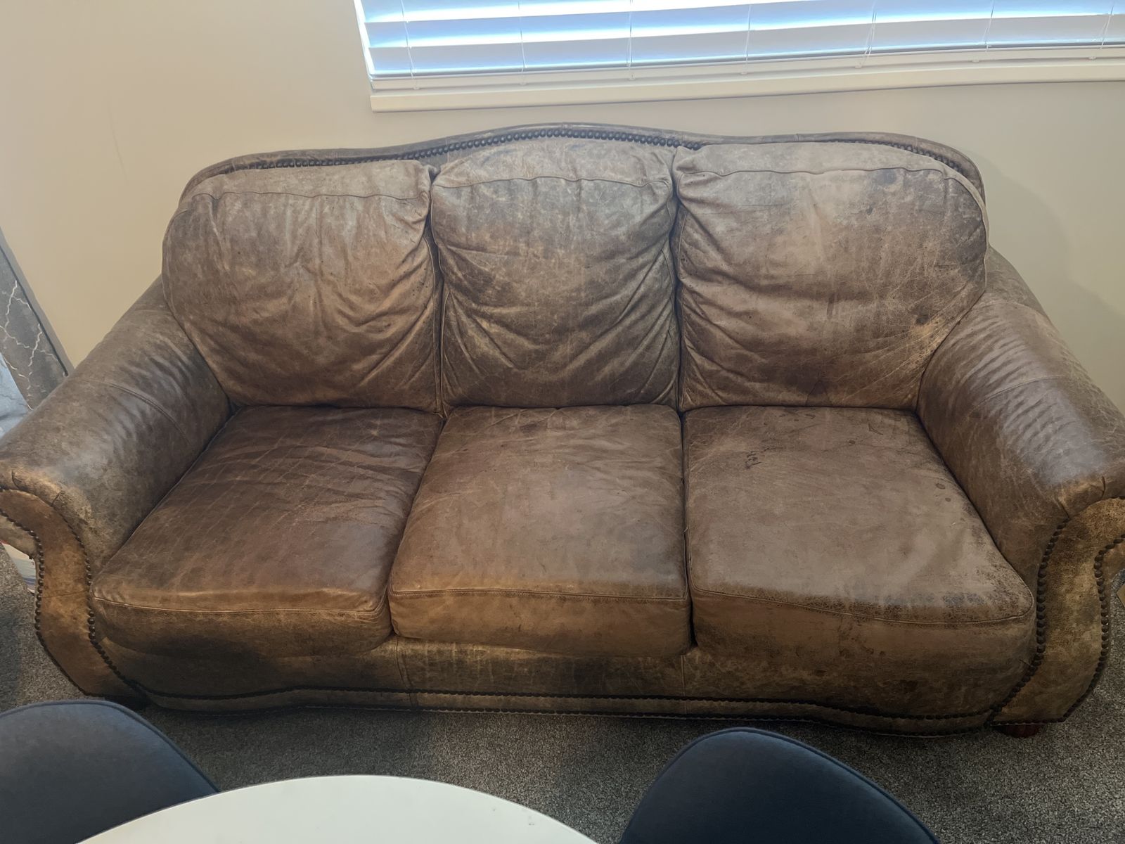 Vintage Brown Leather Sofa - 3 Seater Couch with Nailhead Trim, Rustic Style