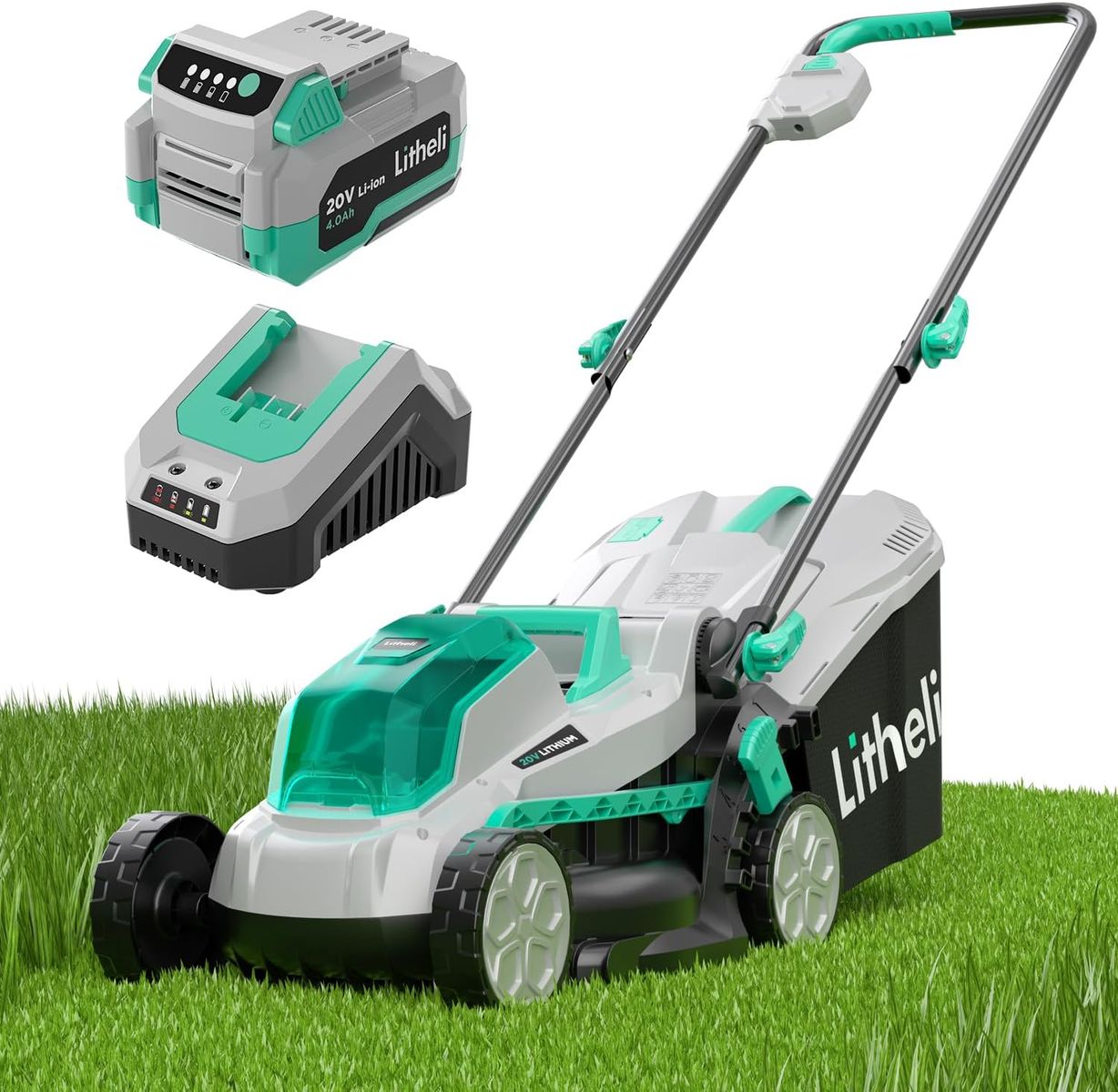 Litheli 13 Inch Cordless Lawn Mower, 5 Heights, 20V Electric Lawn Mowers 4.0Ah Battery & Charger Included