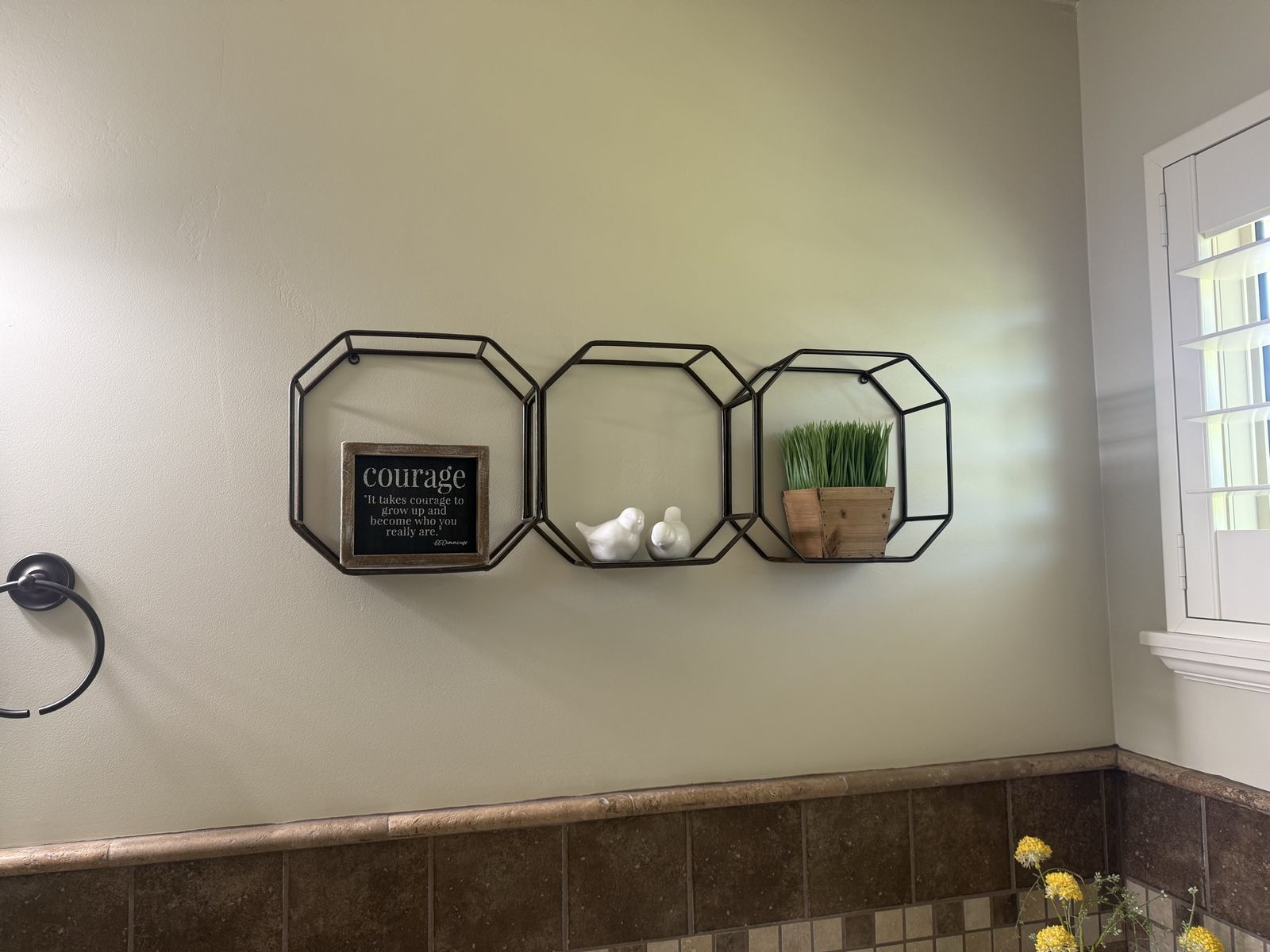Geometric Wall Decor Octagon Metal Shelf Unit with Inspirational Sign and Faux Plants