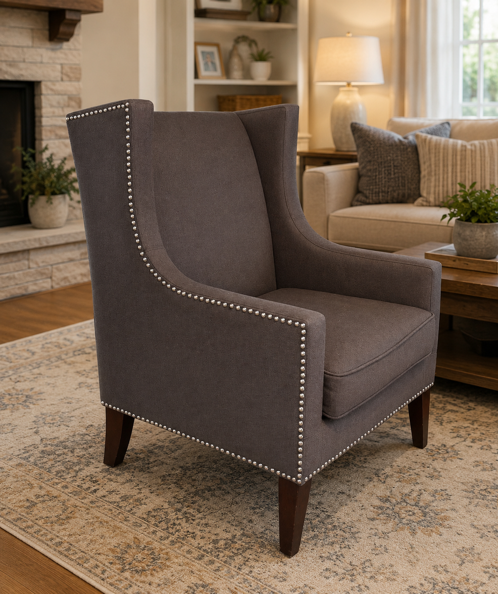 E&E Co Ltd Grey Upholstered Wingback Armchair with Nailhead Trim