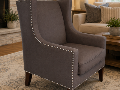 E&E Co Ltd Grey Upholstered Wingback Armchair with Nailhead Trim