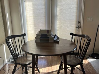 Classic Dark Wood Round Dining Table with 2 Windsor Chairs - Compact Kitchen/Breakfast Nook Set