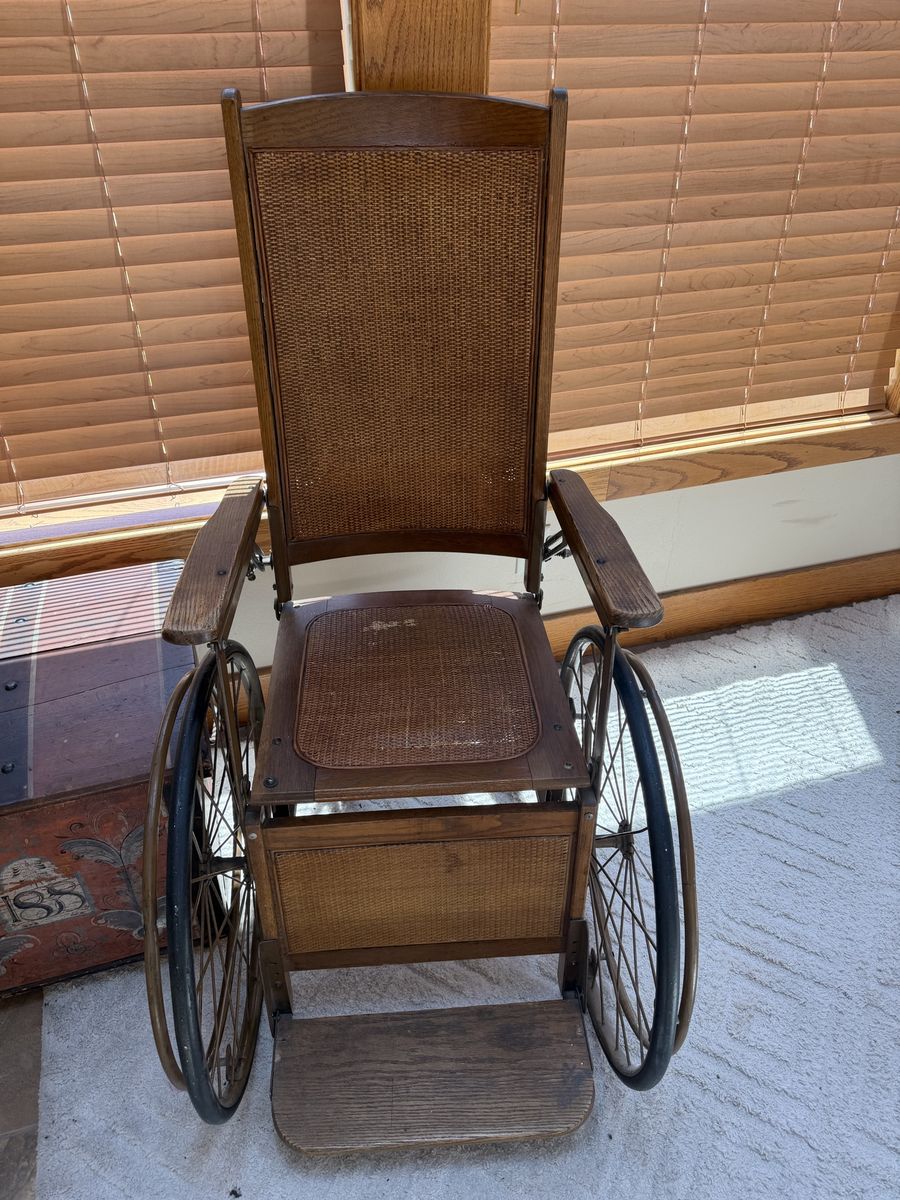 Antique Wooden & Cane Wheelchair - Collectible Medical Furniture with Large Wheels