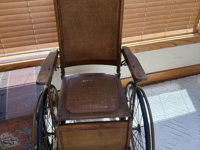 Antique Wooden & Cane Wheelchair - Collectible Medical Furniture with Large Wheels