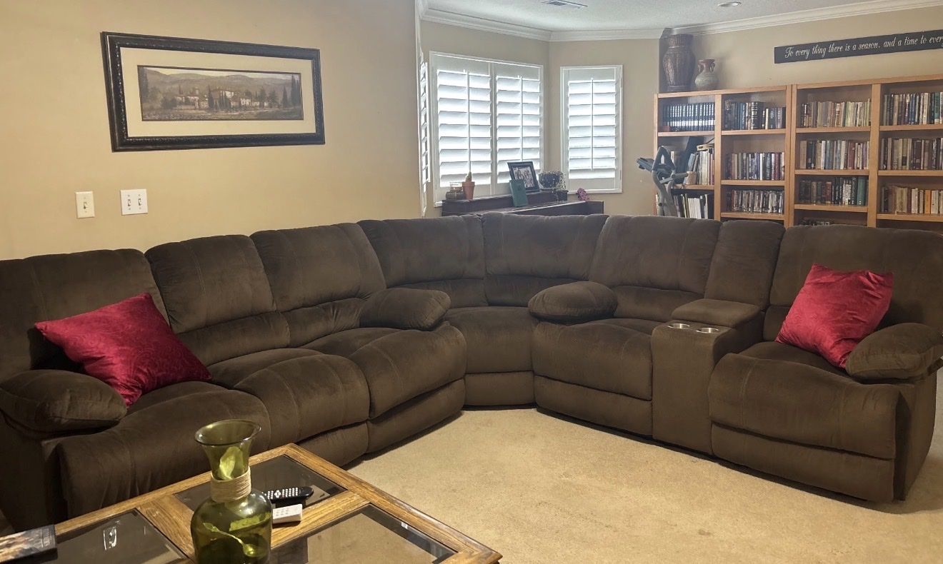 Brown Reclining Sectional Sofa with Cupholders