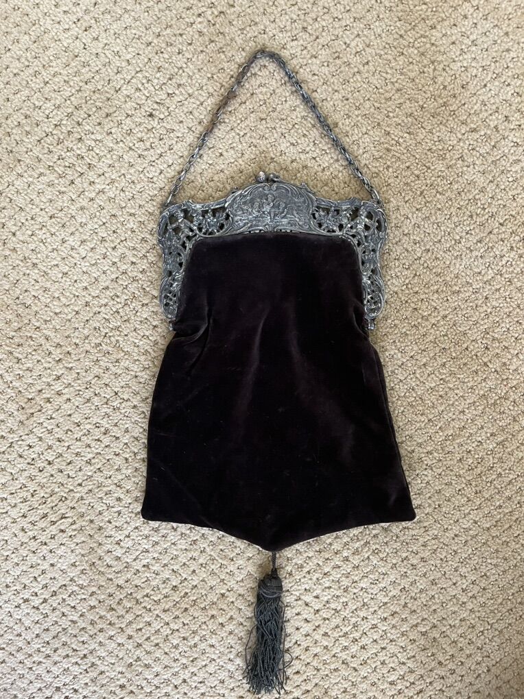 Large Ornate Antique Victorian Dark Brown Velvet Purse/Handbag with Cherubs