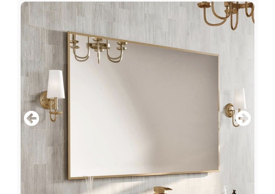 Modern Rectangular Wall Mirror with Gold/Brass Metal Frame, Gold 42" x 30" Rectangular Gold Metal Framed Mirror