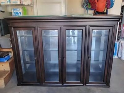 Used Dark Wood Display Curio Cabinet with Glass Shelves and Doors, Built-in Lighting