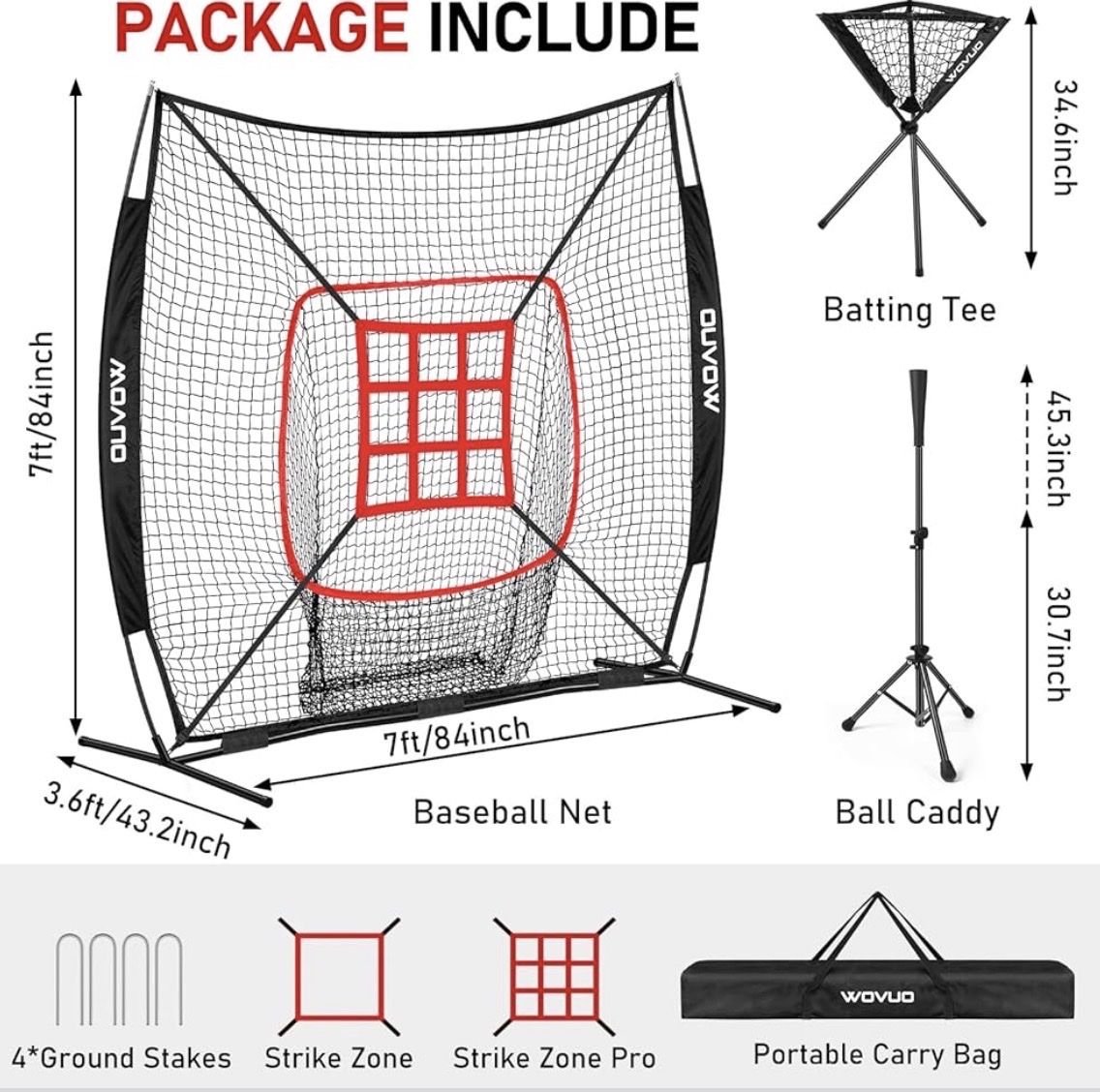 WOVUO 7x7ft Portable Baseball & Softball Hitting Net with Batting Tee & Ball Caddy