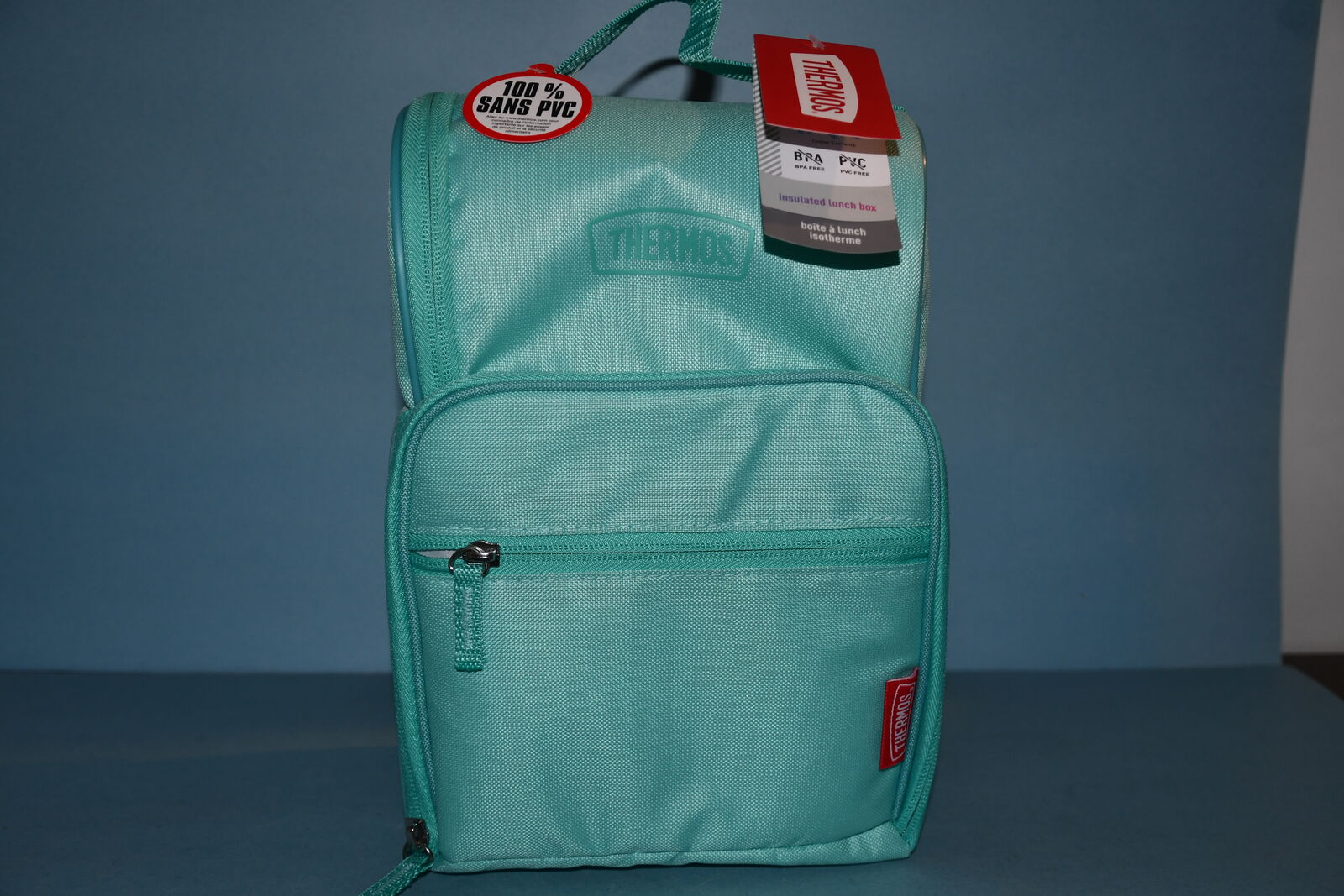 NWT "THERMOS" INSULATED LUNCH BAG ~ AQUA ~ 5" x 11" x 8" ~ 3 ZIPPERED COMPARTMENTS