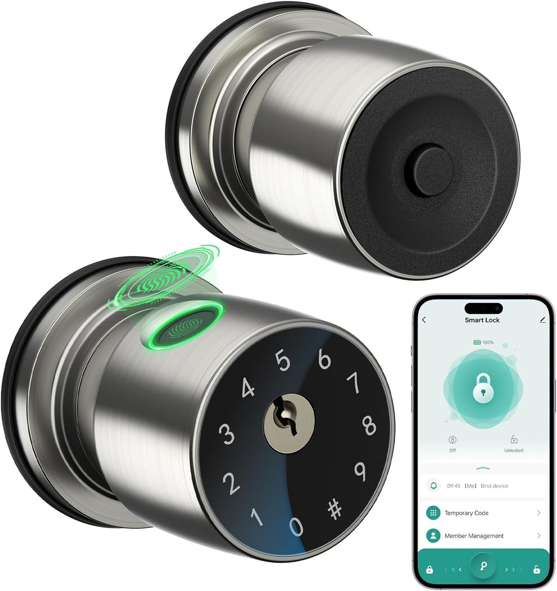 NEW Fingerprint Door Knob for Bedroom - 291Y 4-in-1 Keyless Bedroom Door Knob Smart Door knob with App Satin Nickel
