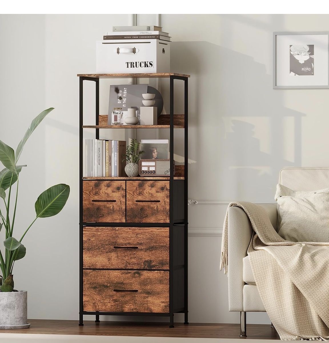 Somdot 5-Tier Tall Bookcase or dresser with 4 Fabric Drawers, Wood Grain Print