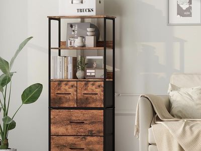 Somdot 5-Tier Tall Bookcase or dresser with 4 Fabric Drawers, Wood Grain Print