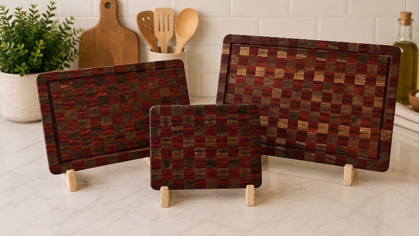 Handmade Checkered Wood Cutting Boards - Set of 3 (Large, Medium, Small) with Juice Grooves
