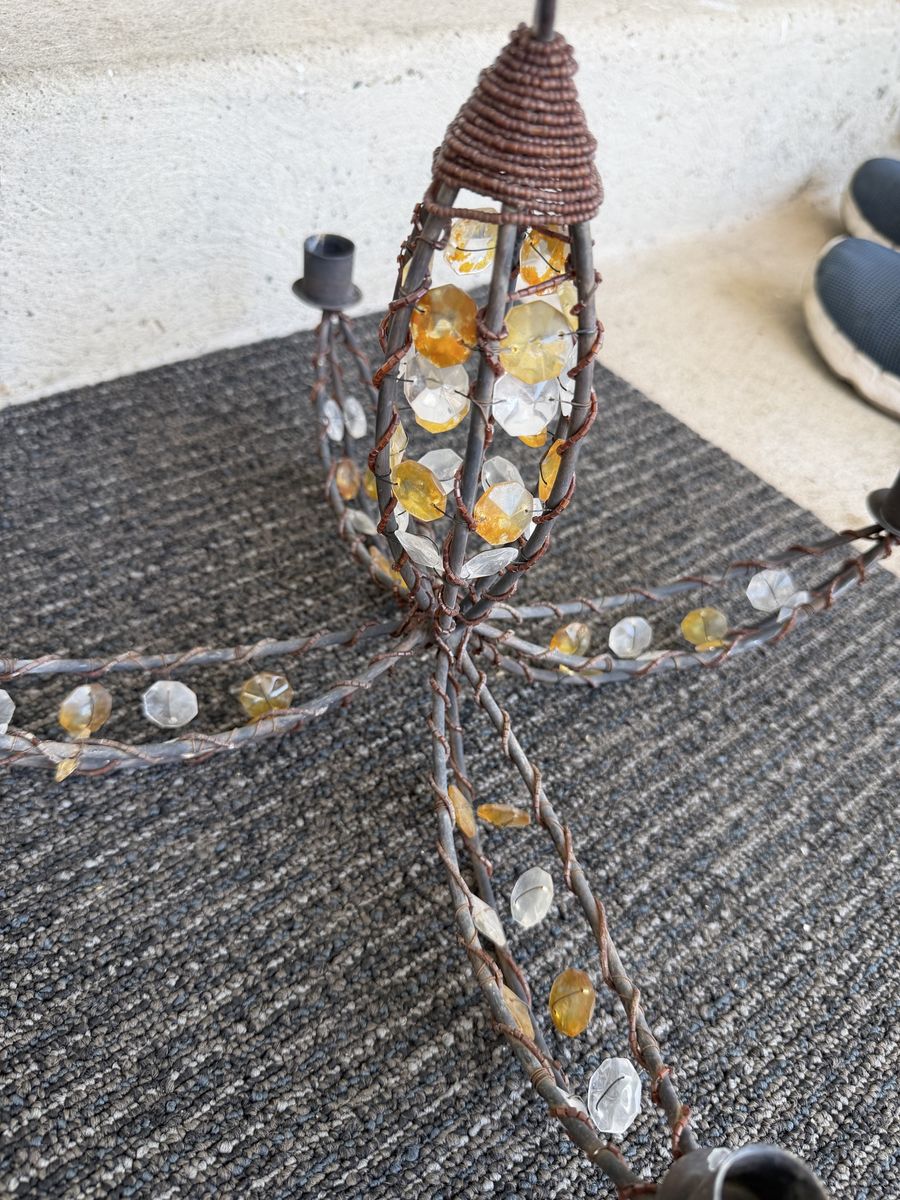 Rustic Metal Woven Wire Hanging Candelabra Chandelier with Crystal Beads