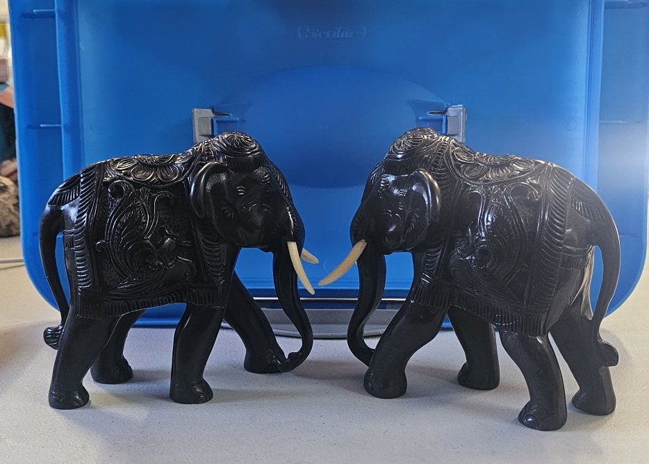 Pair of Vintage Hand-Carved Black Elephant Figurines with Tusks, Intricate Details