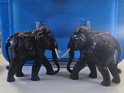 Pair of Vintage Hand-Carved Black Elephant Figurines with Tusks, Intricate Details