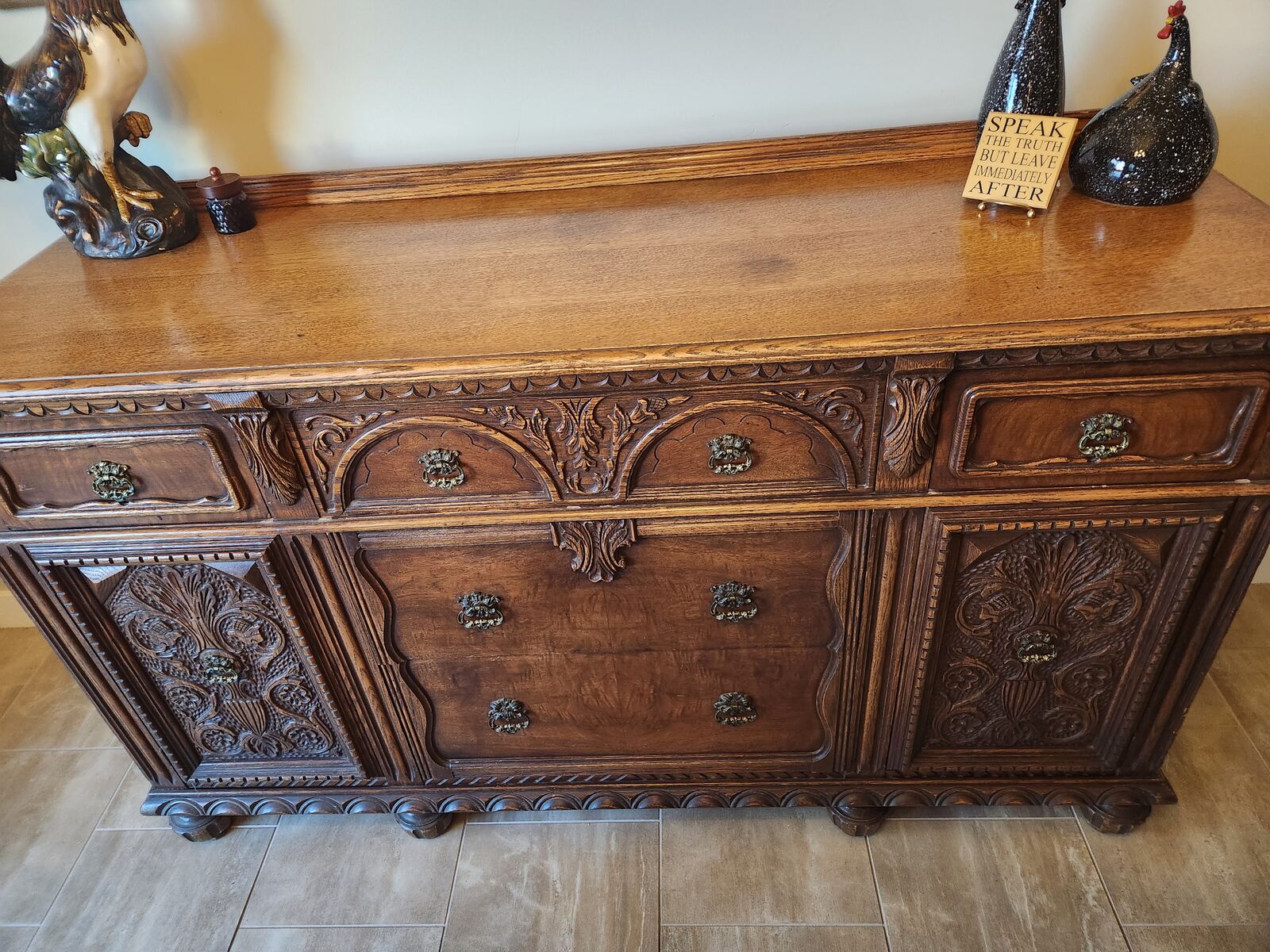 Antique Dark Solid Oak Carved Buffet