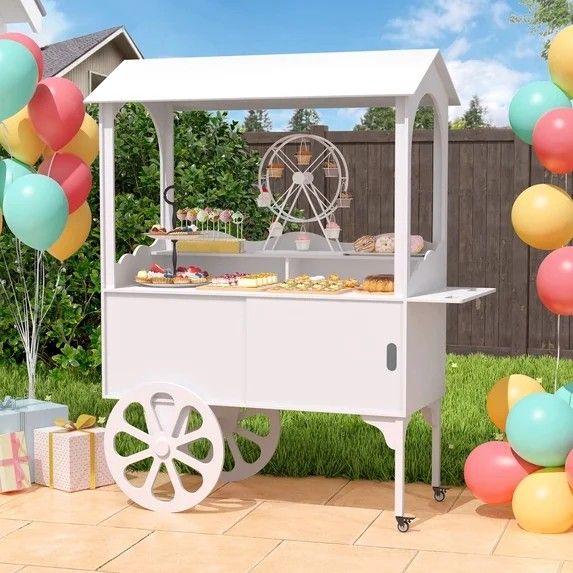White Wooden Dessert Candy Flower Cart with Wheels & Storage Cabinet - Used Once, Excellent Condition