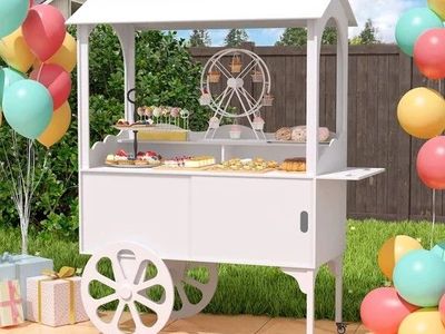 White Wooden Dessert Candy Flower Cart with Wheels & Storage Cabinet - Used Once, Excellent Condition