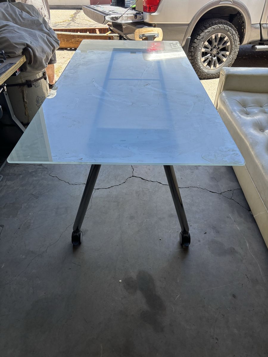 Modern Glass Top Desk/Dining Table with Chrome Legs & Wheels - Versatile Office/Home Furniture