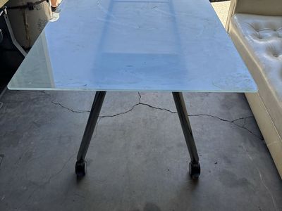 Modern Glass Top Desk/Dining Table with Chrome Legs & Wheels - Versatile Office/Home Furniture