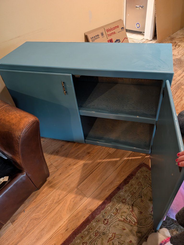 Vintage Light Blue Wooden Storage Cabinet w/ Shelves & Gold Handle
