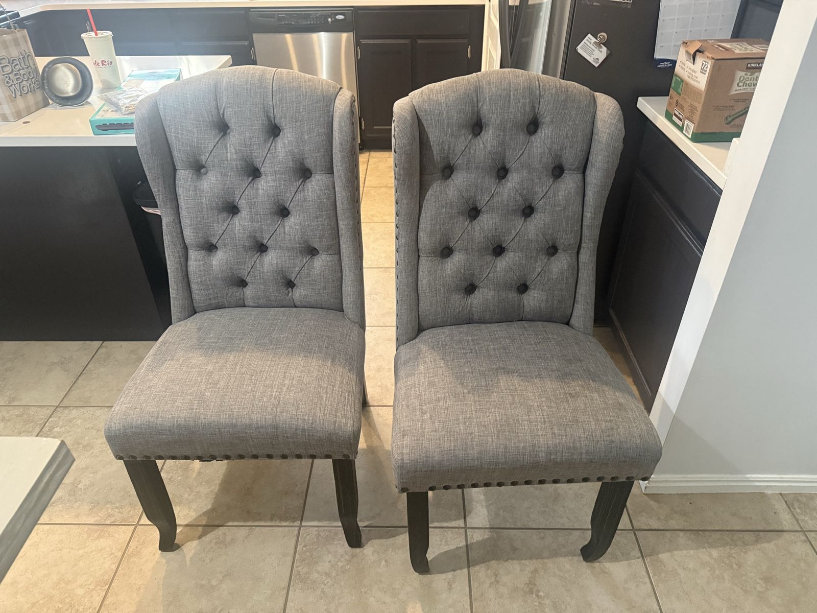 Dining Chairs (Set of 6) - 2 Tufted Grey Upholstered, 4 Brown Upholstered, Nailhead Trim