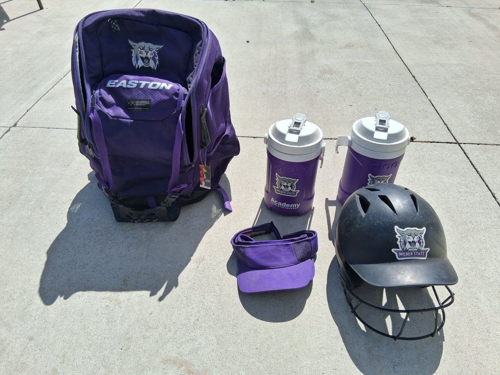 Easton bag, Champro helmet, 2 water jugs, and 2 visors.