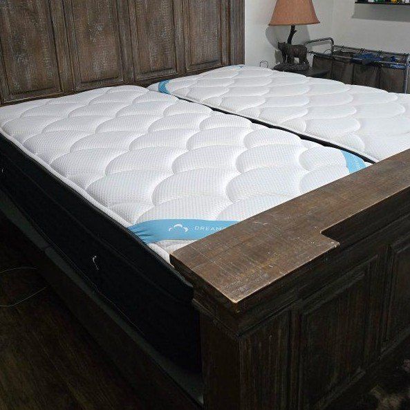 Split King Mattress with Heavy Duty Wooden Bed Frame and adjustable bed base
