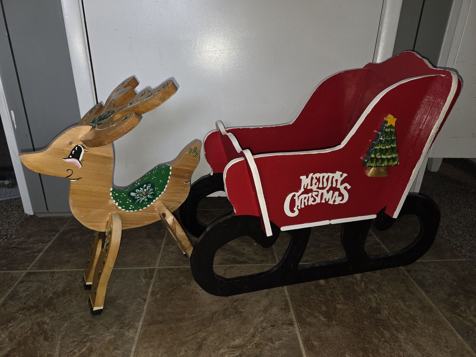 Vintage Wooden Reindeer Decoration Handmade Statue and Santa's sleigh Retro Christmas Decor