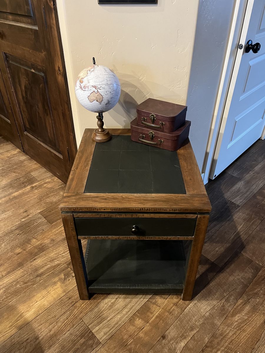 Refinished Wood & Slate End Table – Drawer + Shelf