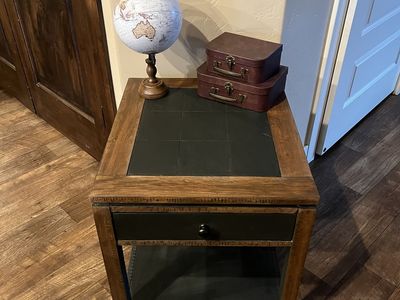 Refinished Wood & Slate End Table – Drawer + Shelf
