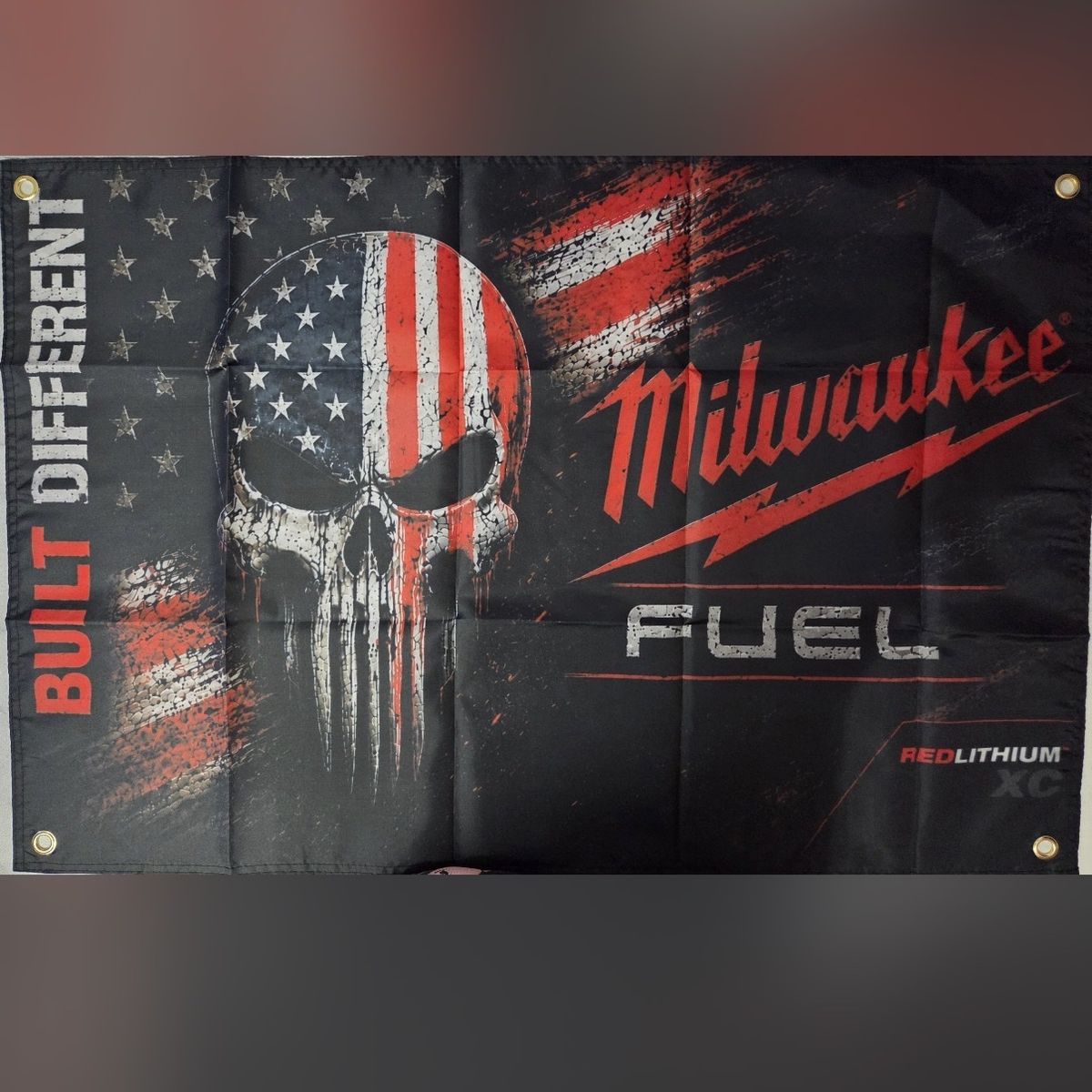 Milwaukee Fuel Punisher Skull Built Different Redlithium XC Flag Banner Man Cave 2’x3’