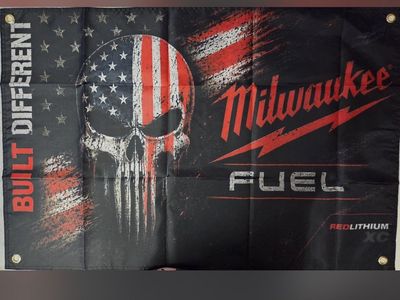 Milwaukee Fuel Punisher Skull Built Different Redlithium XC Flag Banner Man Cave 2’x3’
