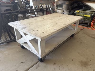 Rustic Wood Coffee Table with Casters & Storage Shelf - Needs Paint