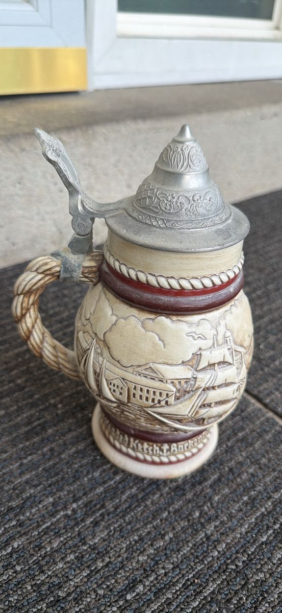 Vintage 1977 Avon Ceramic Beer Stein with Pewter Lid and Nautical Ship Design