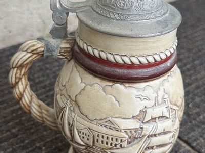 Vintage 1977 Avon Ceramic Beer Stein with Pewter Lid and Nautical Ship Design