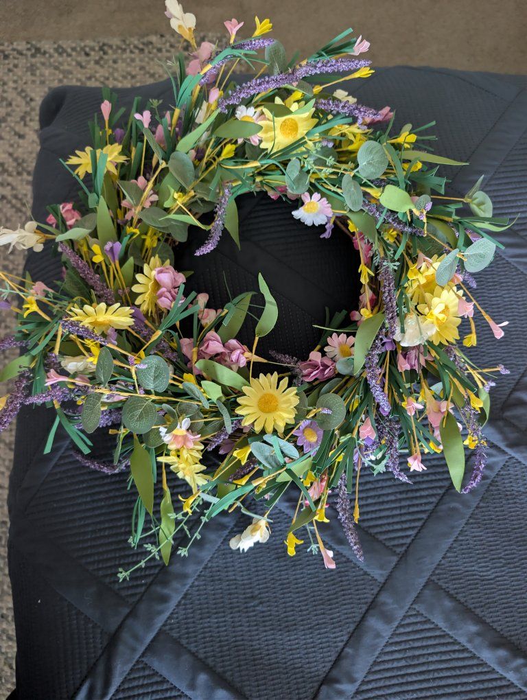 Spring Floral Wreath - Yellow, Purple & Green Faux Flowers & Greenery for Door/Wall Decor