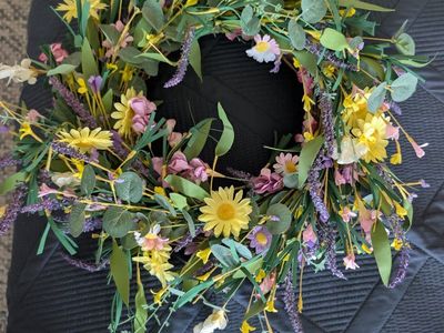 Spring Floral Wreath - Yellow, Purple & Green Faux Flowers & Greenery for Door/Wall Decor